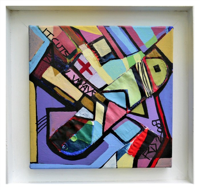 IT CUTS BOTH WAYS. Mixed Media on Canvas. 25.5 x 25.5 x 2 cm. 2009