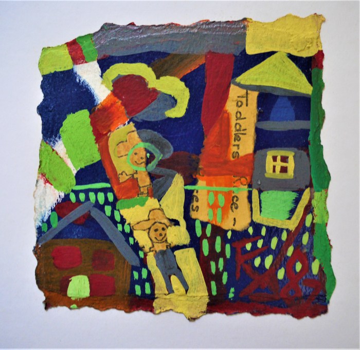 TODDLERS RACE. Collage,Watercolour,Gouache and PVA on Handmade Paper. Approx 14 x 14 cm. 1986.